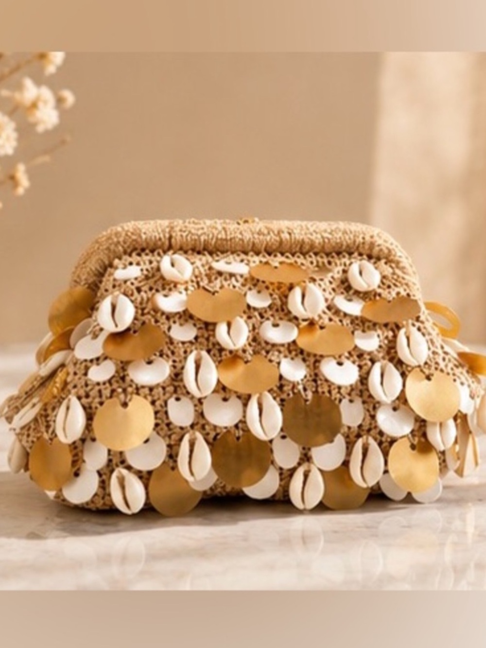 Boho Seashell Crochet Clutch Bag Gold Sequin Statement Purse